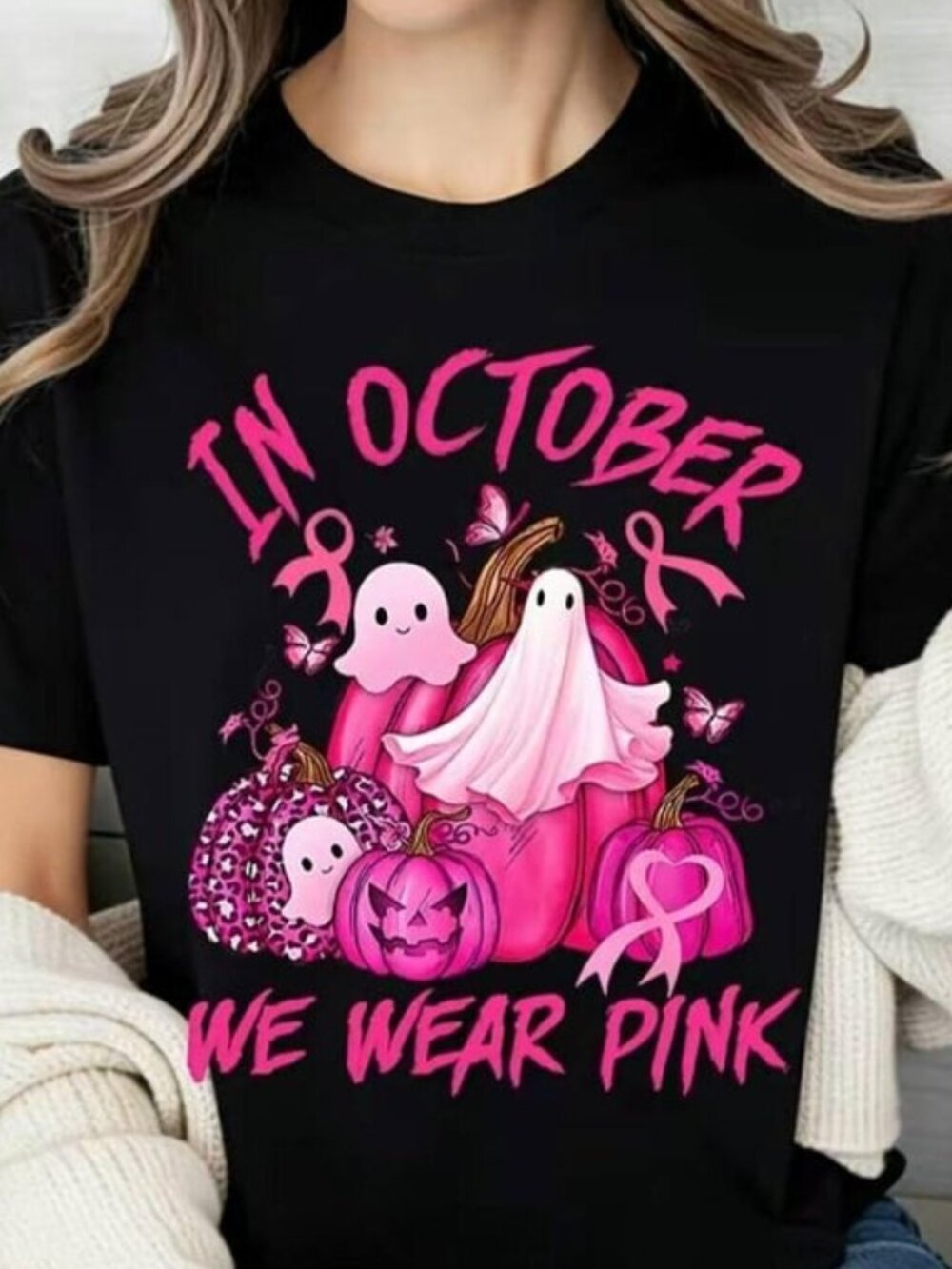 In October We Wear Pink Shirt, Cute Ghost Pumpkin Shirt